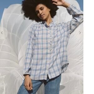 by TROVATA Birds of Paradis Michelle Blouse Nantucket Plaid Blue Tan Size XS